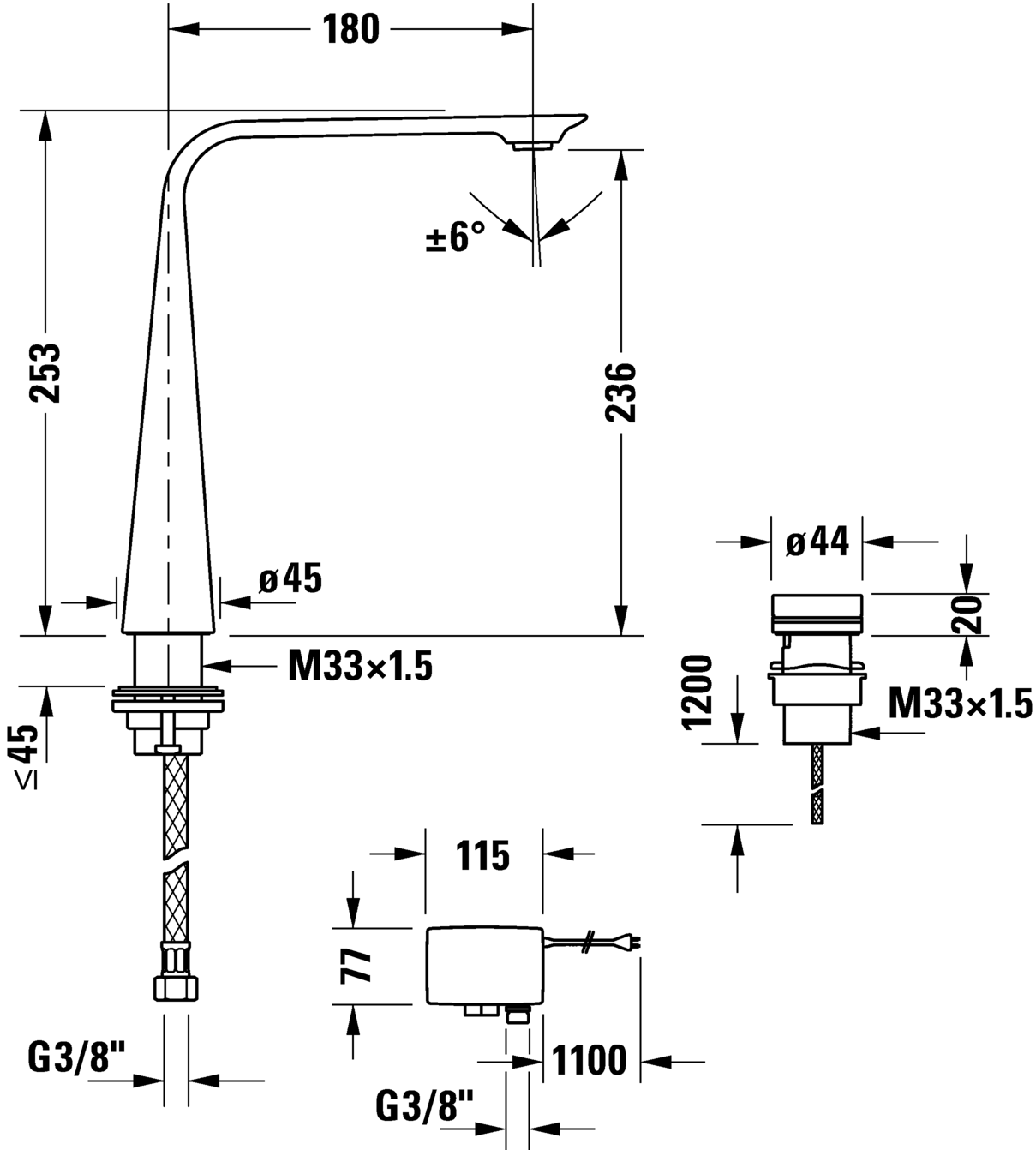 Электронный смеситель для раковины Duravit D.1 D11110007046 на два отверстия, с питанием от сети, без донного клапана, чёрный матовый