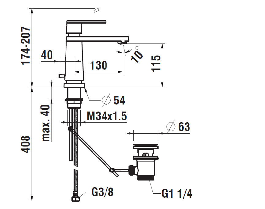Смеситель для раковины   LAUFEN   New Classic 3.1185.1.004.121.1  с донным клапаном, высота 174 мм, излив 130 мм, аэратор, латунь/хром