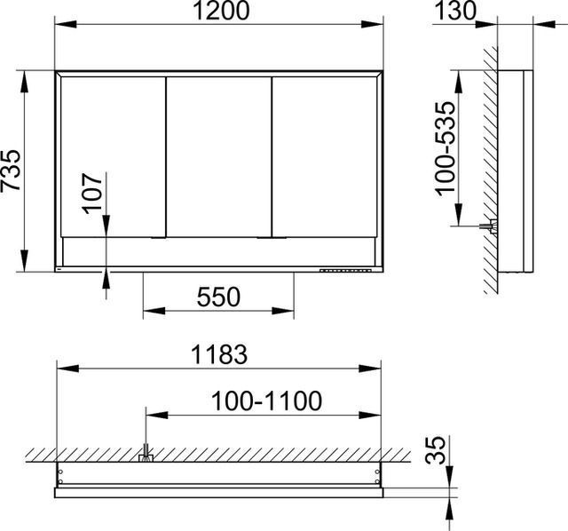 Зеркальный шкаф с подсветкой И подогревом для настенного монтажа KEUCO Royal Lumos 14325 171304 130х1200х735 мм, 3 дверцы, цвет Алюминий серебристый анодированный