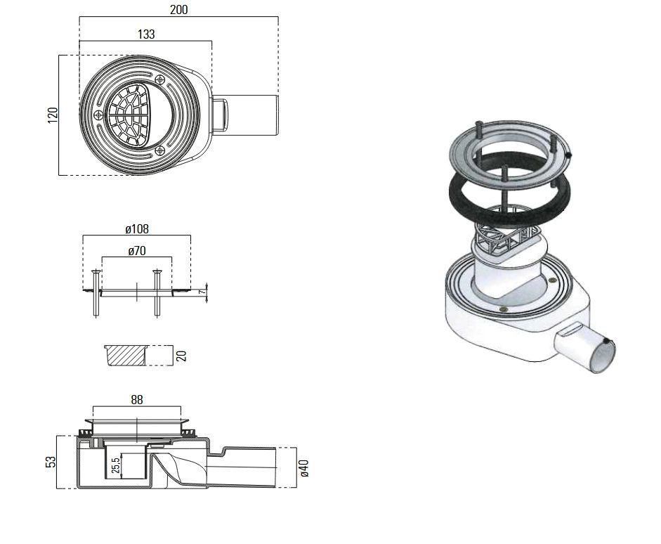 Сифон для керамического поддона GSI Pura H2 PILDSR226 с декоративной решеткой, цвет Чёрный матовый Ardesia