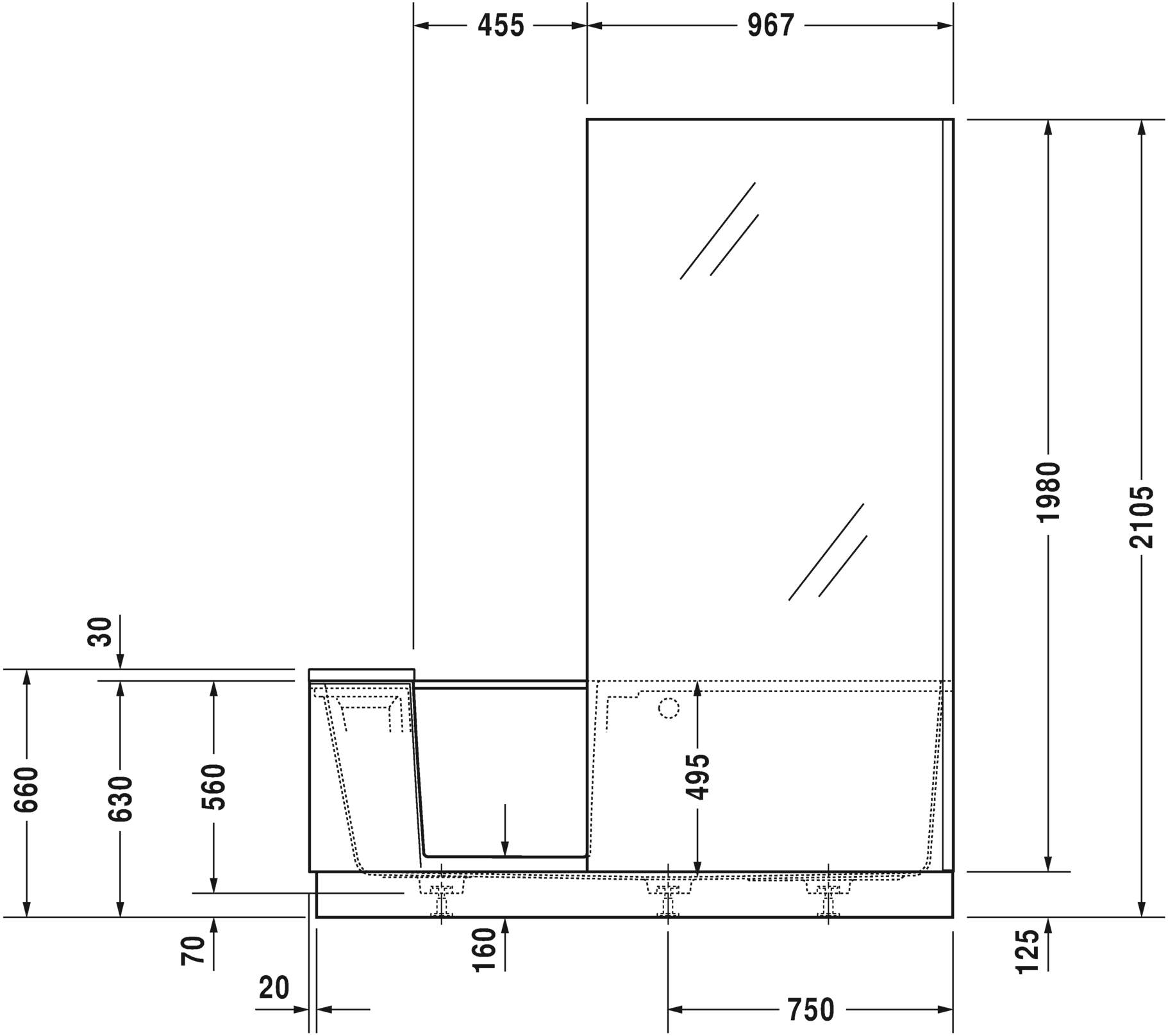 Ванна Duravit Shower + Bath 700455000000000 1700 х 1000 прозрачное стекло, со смонтированной дверцей, с ножками, пристенный вариант, белая