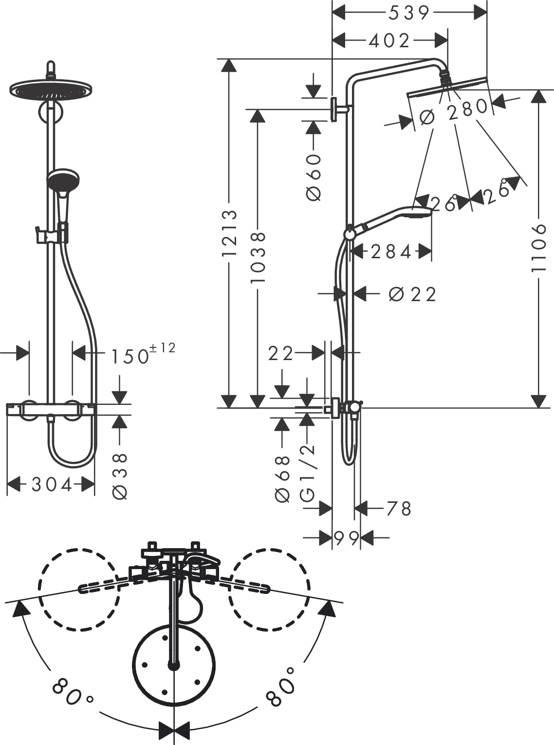 Душевая система с термостатом  и ручным душем HANSGROHE Croma Select S Showerpipe 280 1 jet 26890700 120 3jet, цвет Белый матовый