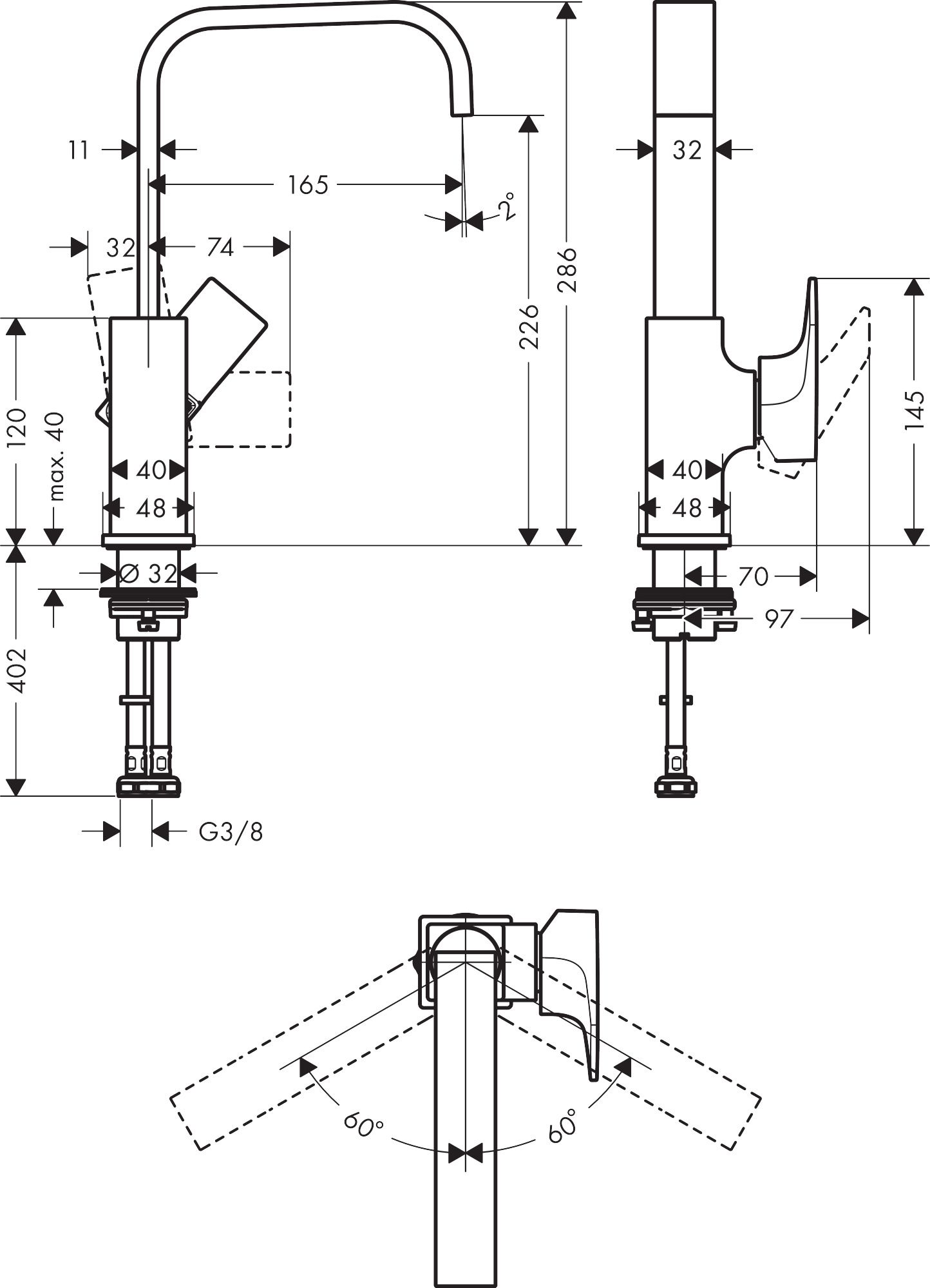 Однорычажный смеситель для раковины с поворотным изливом HANSGROHE Metropol 32511340 230 мм, с рычаговой рукояткой, с донным клапаном, цвет Шлифованный чёрный хром