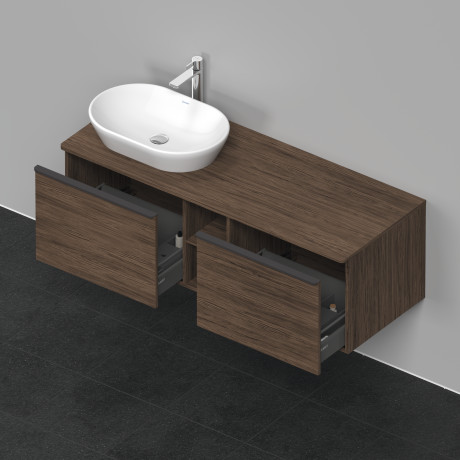 Тумба подвесная под раковину слева DURAVIT D-Neo DE4950L2121 1400 мм х 550 мм, с 2 выдвижными ящиками и открытой полкой, орех тёмный