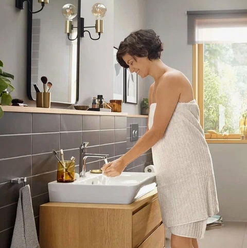 Смеситель однорычажный для раковины HANSGROHE REBRIS E 72559000 110 мм, с CoolStart, c донным клапаном, хром