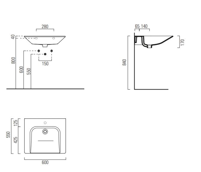 Раковина подвесная GSI COMMUNITY 7634011 600 мм х 550 мм, с 1 намеченным отверстием под смеситель, без перелива, без крепежа, белая глянцевая