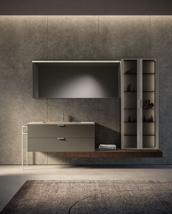 Комплект мебели для ванной комнаты BMT BLUES 4.0  BL4-15  2500х2045х504 мм тумба, раковина, шкаф и зеркало, цвет Fondente Opaco/Metallic Titanium/Edon Tabacco