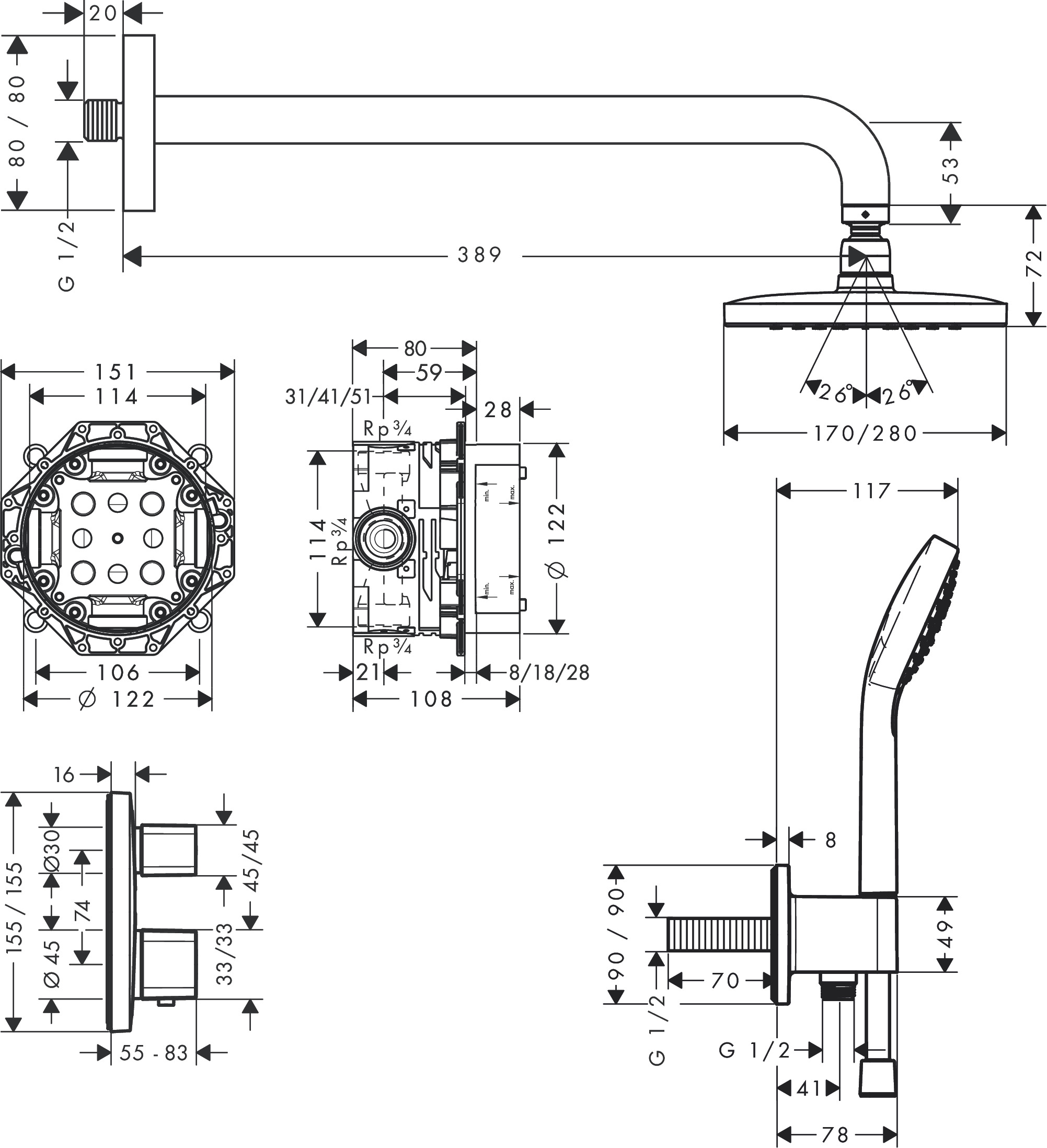 Душевая система скрытого монтажа с термостатом Ecostat E HANSGROHE Croma E 27953000 280 1jet, с верхним и ручным душем, со шлангом, цвет Хром