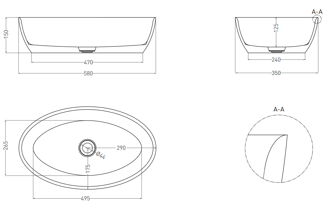 Раковина накладная овальная SALINI ALDA 01 110621M 580х350х150мм, S-Stone, без донного клапана, цвет Белый матовый