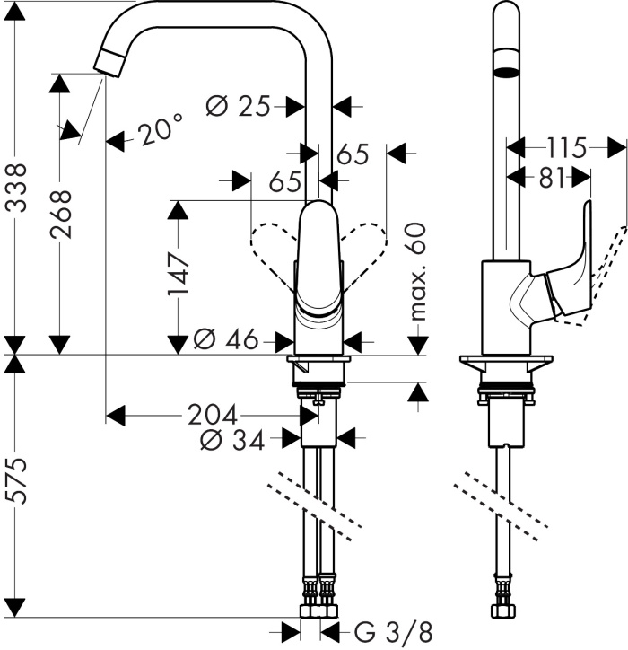 Высокий кухонный смеситель однорычажный с поворотным изливом 1jet HANSGROHE Focus M41 31820670 260 мм, цвет Чёрный матовый