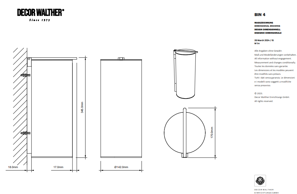 Ведро для мусора подвесное, с крышкой DECOR WALTHER  Bar BIN 4   0615100     34,5 X Ø 14 X 17,5 см, 2,5 л, с внутренним контейнером, хром