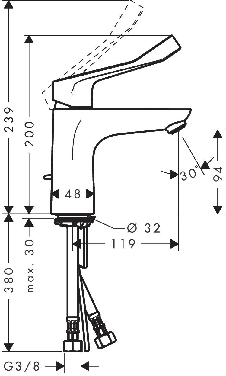 Однорычажный смеситель для раковины HANSGROHE Focus 31911000 100 мм, с удлиненной рукояткой, с доным клапаном, с EcoSmart, цвет Хром