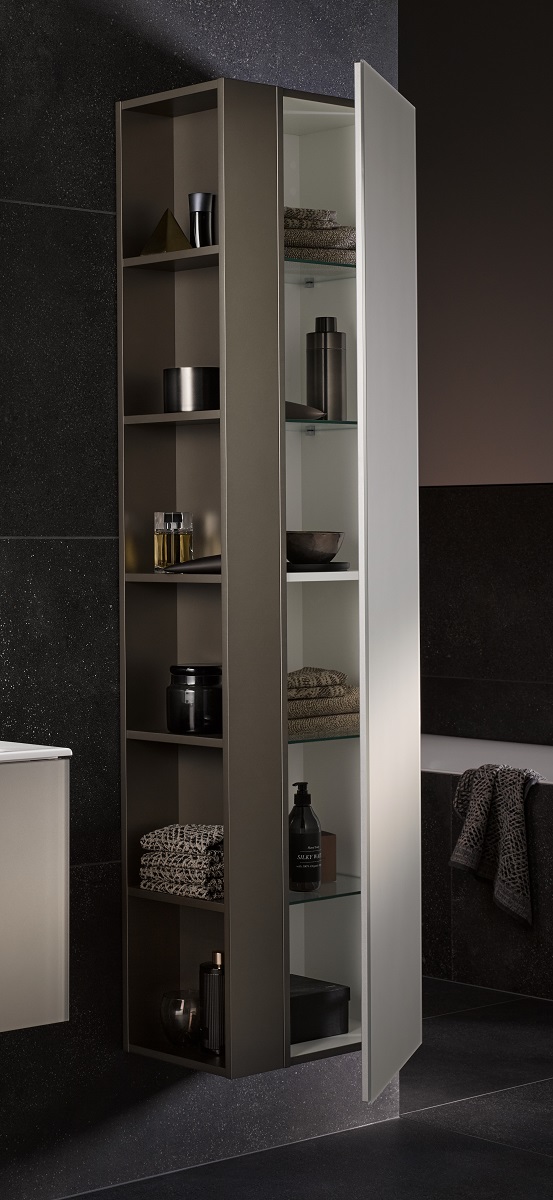 Высокий шкаф-пенал петли справа Keuco Plan 32931 290002 300 мм х 480 мм х 1750 мм, корпус лак матовый инокс/фасад стекло инокс матовый петроль