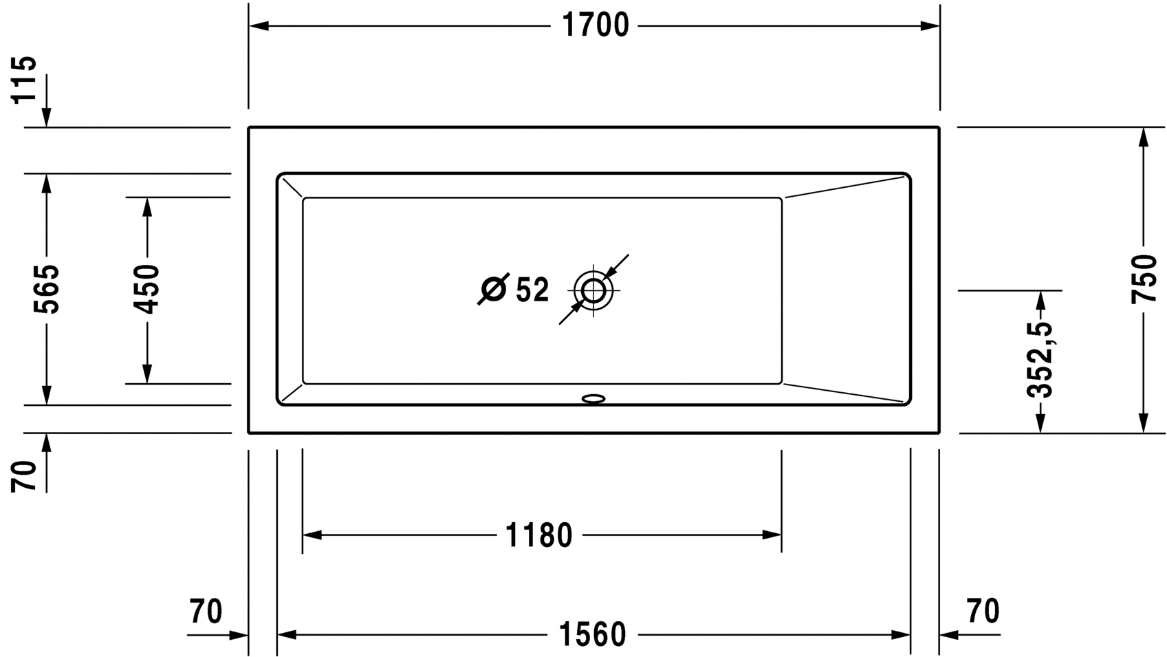 Акриловая ванна Duravit Vero 700134000000000 1700 х 750 c наклоном для спины справа, встраиваемая версия, белая