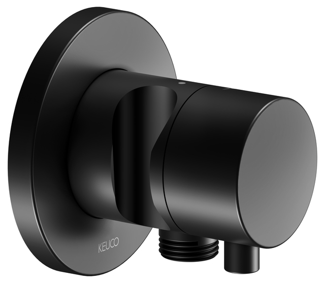 Встраиваемый запорный вентиль с выводом для шланга KEUCO IXMO 59541 371201 c держателем для лейки, с рукояткой IXMO Comfort, с круглой розеткой, чёрный матовый