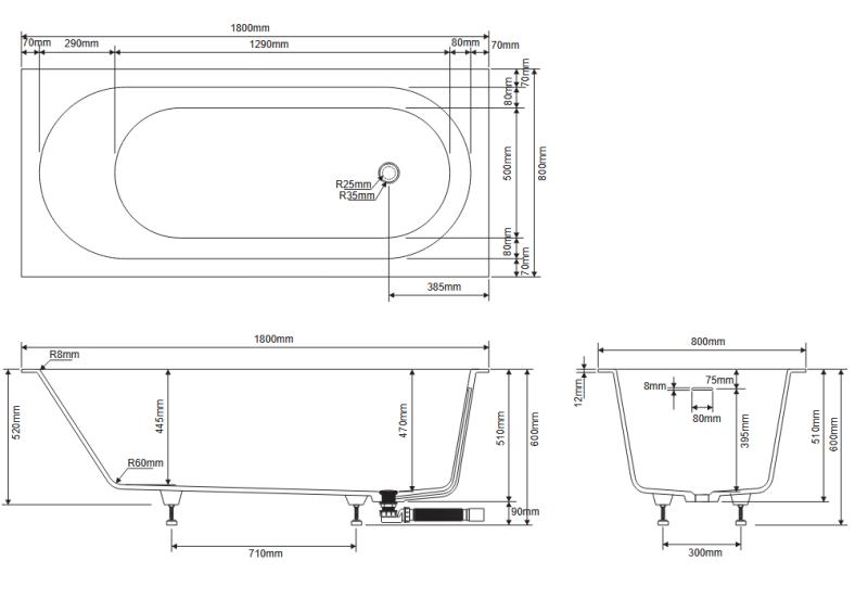 Ванна встраиваемая из композита Solid surface DEA DESIGN EASE DD8676 1800 18 1800 мм х 800 мм х 600 мм, с сифоном и донным клапаном, цвет Белый