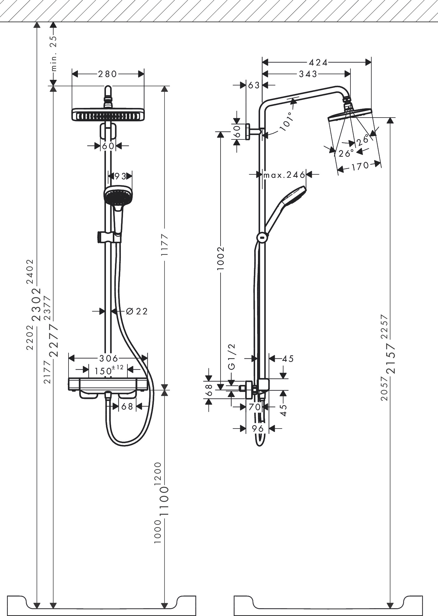 Душевая система с термостатом для душа HANSGROHE Croma E Showerpipe 27660000 280 1jet, c EcoSmart 9 л/мин, цвет Хром