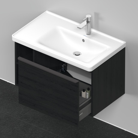 Тумба подвесная под раковину DURAVIT D-Neo DE425701616 784 мм х 452 мм, с выдвижным ящиком и открытой боковой полкой, чёрный дуб