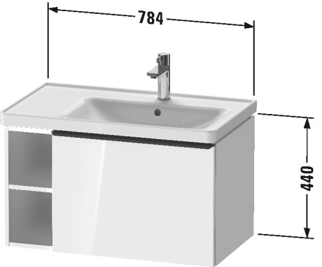 Тумба подвесная под раковину DURAVIT D-Neo DE425702222 784 мм х 452 мм, с выдвижным ящиком и открытой боковой полкой, белый глянцевый