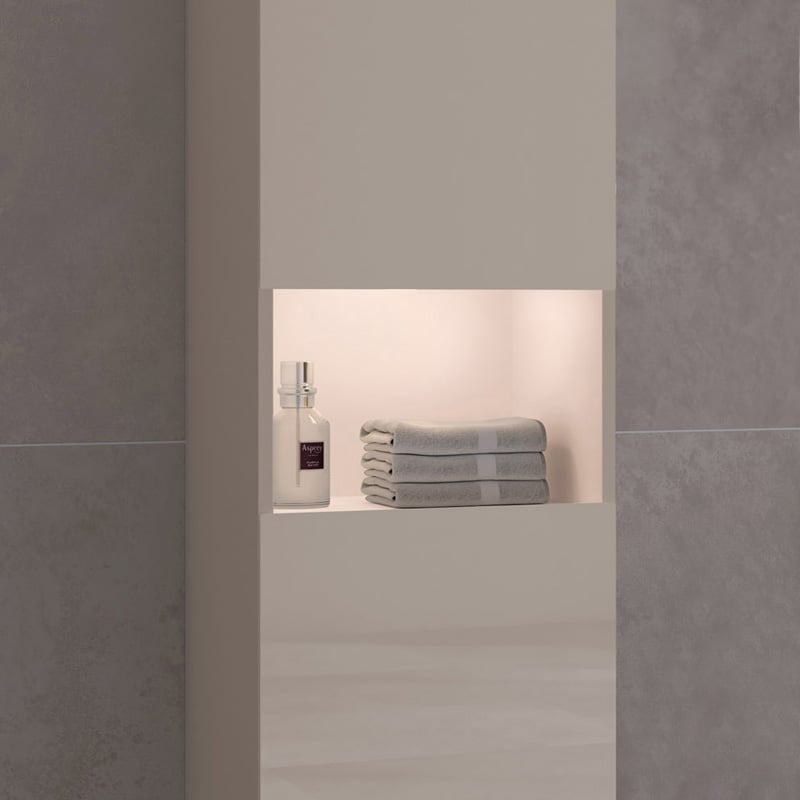 Высокий шкаф - пенал с освещением KEUCO STAGELINE 32831 180102 360 мм х 400 мм х 1800 мм с 1 дверцей, петли справа, с 1 полкой в середине и 4 полками, кашемир/кашемир