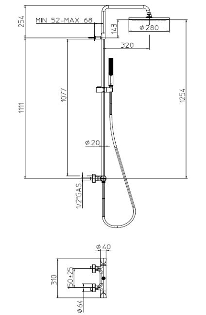 Душевая колонна BOSSINI Apice L10508.030 с однорычажным смесителем, верхним душем, ручным душем-палочкой, держателем и шлангом, хром