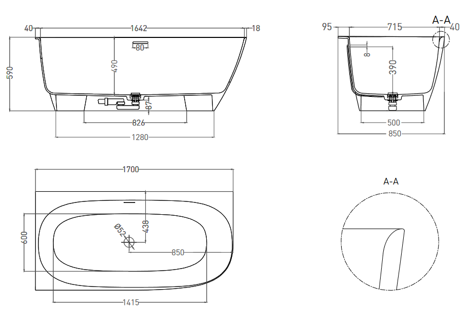 Левая угловая ванна с овальной чашей SOFIA CORNER L 102515G 1700х850х590 мм, S-Sense, донный клапан, сифон, интегрированный слив-перелив, цвет Белый глянцевый