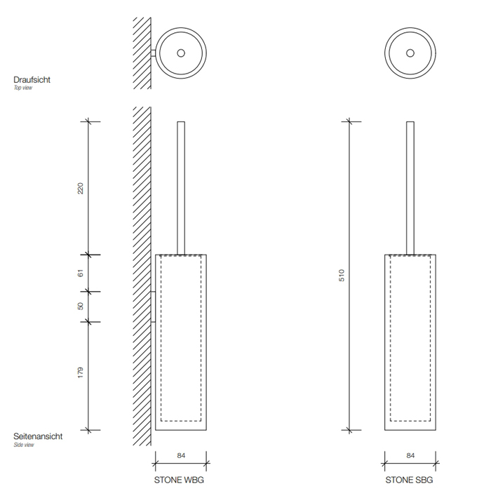 Ершик для унитаза подвесной  DECOR WALTHER  STONE WBG   0970954   52 X Ø 8,5 х9,5 см,  композит Solid Surface, белый матовый/хром