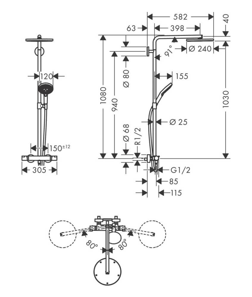 Душевая система Hansgrohe Raindance Select S Showerpipe 240 1jet PowderRain 27633000 с термостатом, хром
