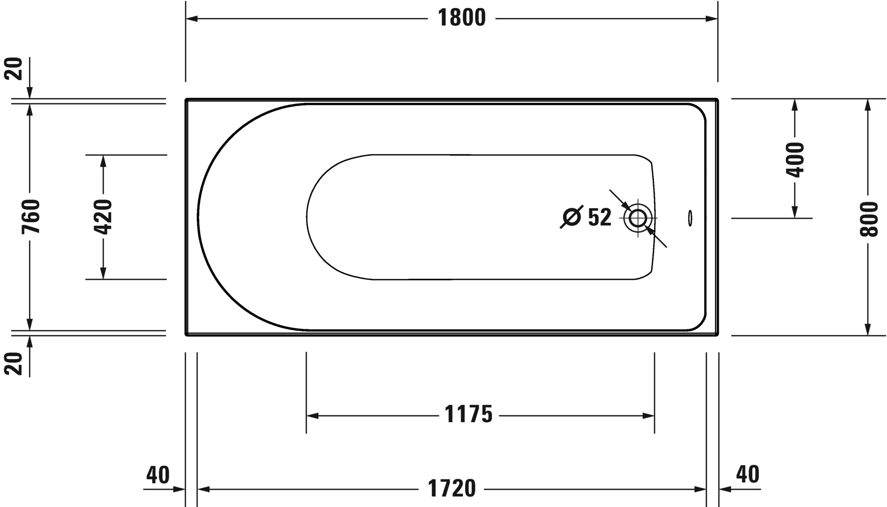 Встраиваемая акриловая ванна Duravit D-Neo 700475000000000 1800 мм х 800 мм, c одним наклоном для спины, белая