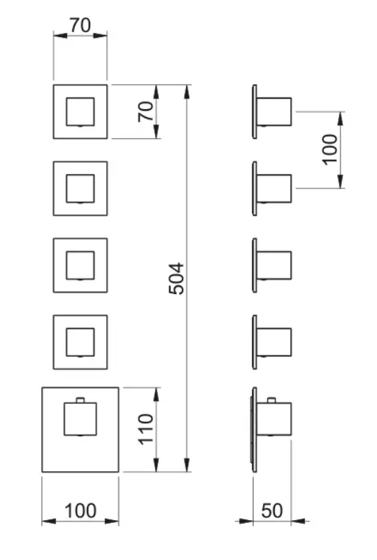 Внешняя часть термостата с квадратными отражателями ALMAR HIGH FLOW E180024.HB на 4 потребителя, цвет High Brass