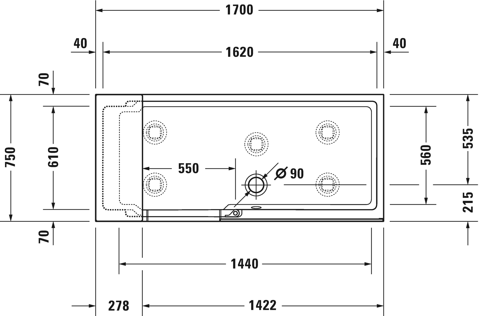 Ванна Duravit Shower + Bath 700404000000000 1700 х 750 прозрачное стекло, со смонтированной дверцей, с ножками, угловая, белая