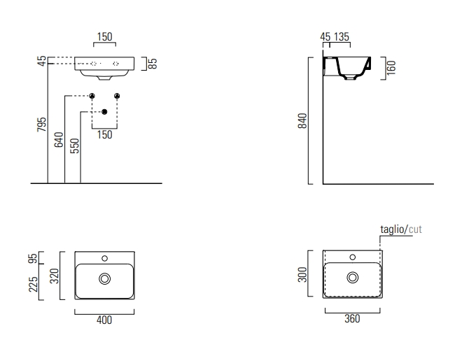 Раковина накладная/подвесная GSI NUBES 9684111 400 мм х 320 мм, с отверстием под смеситель, без перелива, с площадкой, белая глянцевая