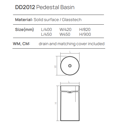 Раковина напольная DEA DESIGN Pedestal Basin  DD2012 450 R4   Ø 450 х 900 мм, из из полимера Glasstech, д/клапан хром, цвет  дымчато-черный Smoky Black R4