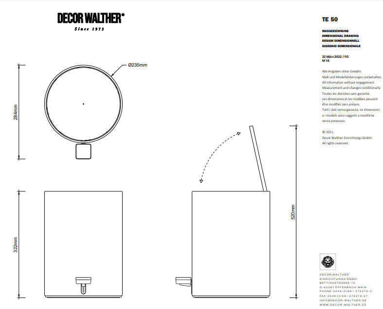 Ведро для мусора круглое, с крышкой с педалью DECOR WALTHER  Bar/Contract TE 50    0613650     32 x 23,5 x 28,5 см, цвет белый матовый