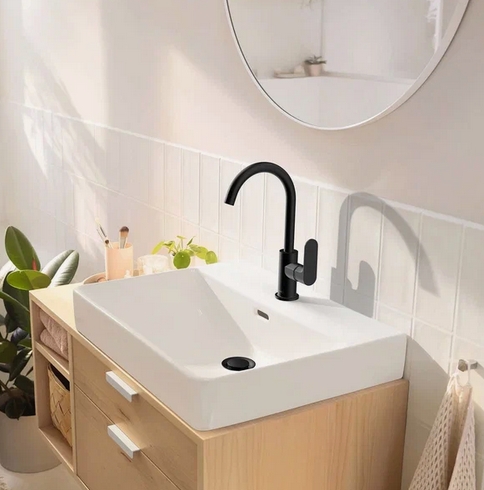 Однорычажный смеситель для раковины HANSGROHE REBRIS S 72536670 210 мм, с повортным изливом, с донным клапаном, чёрный матовый