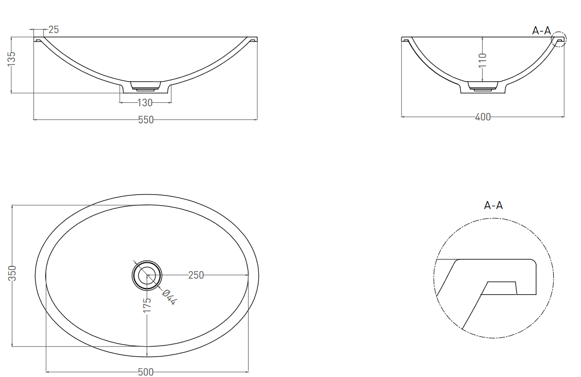 Раковина встраиваемая овальная SALINI MAREA 11 1802211M 550х400х135мм, S-Stone, без донного клапана, цвет Белый матовый