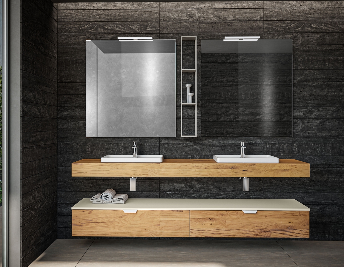 Комплект мебели для ванной комнаты BMT BLUES 4.0  BL4-13  2104х2000х504 мм  2 тумбы, 2 раковины, столешница и 2 зеркала, цвет Old Oak/Bianco Opaco/Metallic Titanium