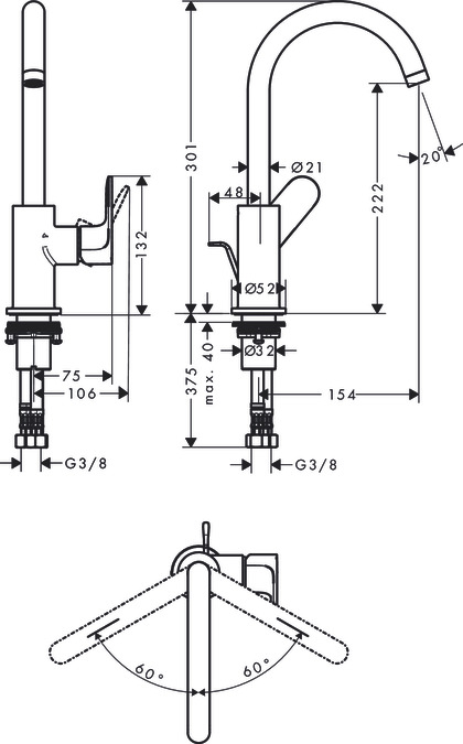 Однорычажный смеситель для раковины HANSGROHE REBRIS S 72536000 210 мм, с повортным изливом, с донным клапаном, хром