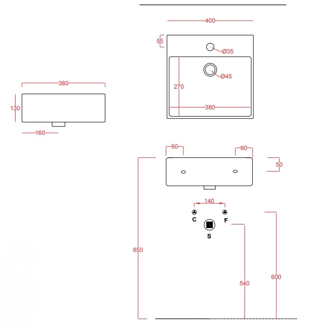 Раковина подвесная/накладная ARTCERAM QUADRO QUL005 01 00 380 мм х 400 мм, c отверстием под смеситель, без перелива, белый глянцевый