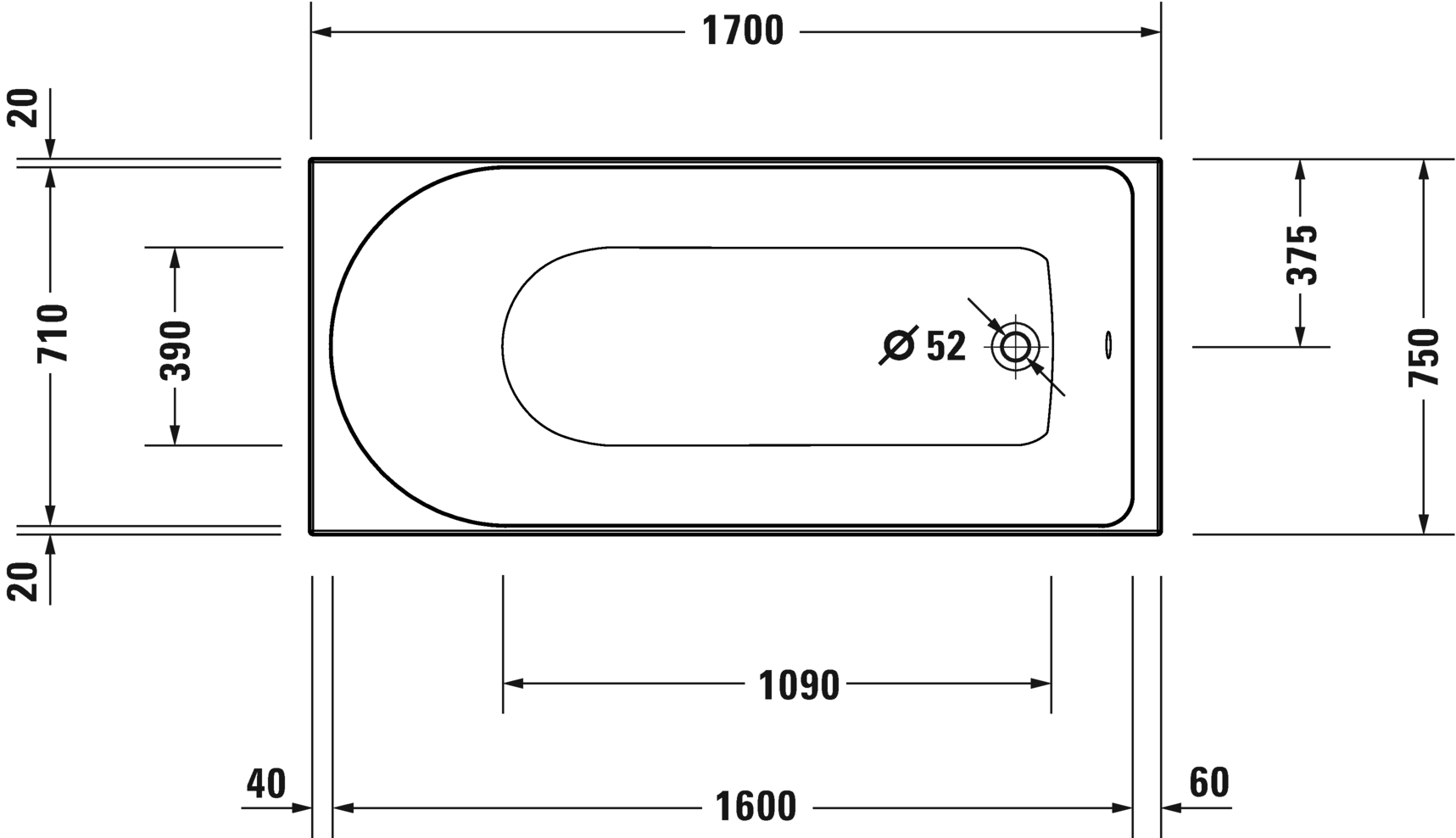 Встраиваемая акриловая ванна Duravit D-Neo 700479000000000 1700 мм х 750 мм, c одним наклоном для спины, белая