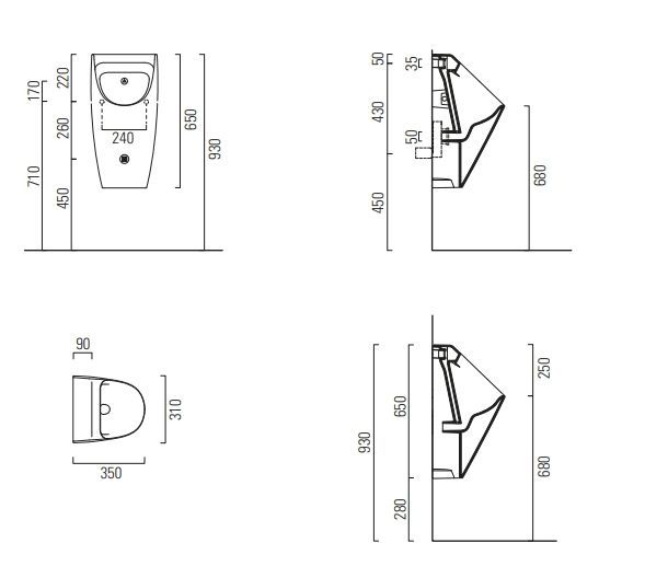 Писсуар подвесной безободковый GSI COMMUNITY 909726 310 мм х 350 мм, для крепежа FISRО, чёрный матовый Ardesia