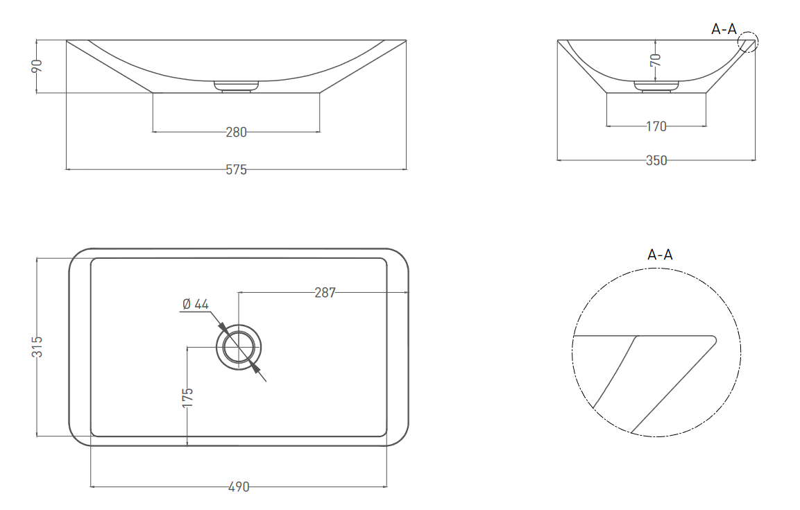 Раковина накладная прямоугольная SALINI CALLISTA 03 1101107G 350х575х90мм, S-Sense, без донного клапана, цвет Белый глянцевый