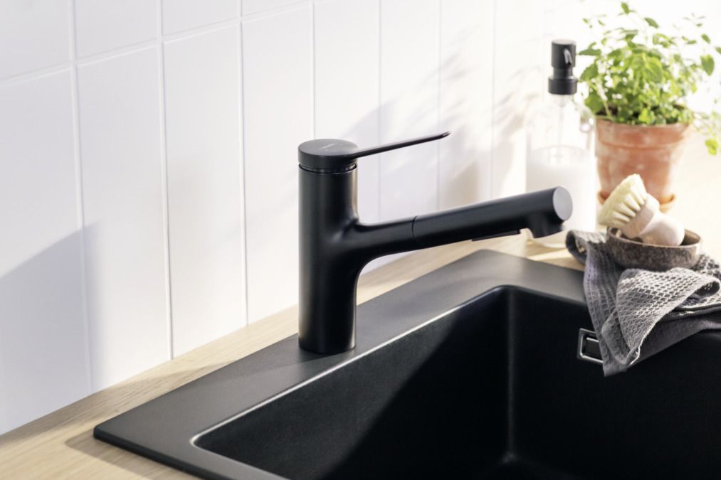 Смеситель однорычажный для кухни с вытяжным душем HANSGROHE ZESIS M34 2 JET 74800670 150 мм, чёрный матовый