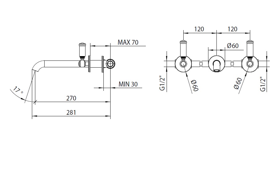 Смеситель для раковины Bossini Liberty Z001303.022, на 3 отверстия, цвет Бронза
