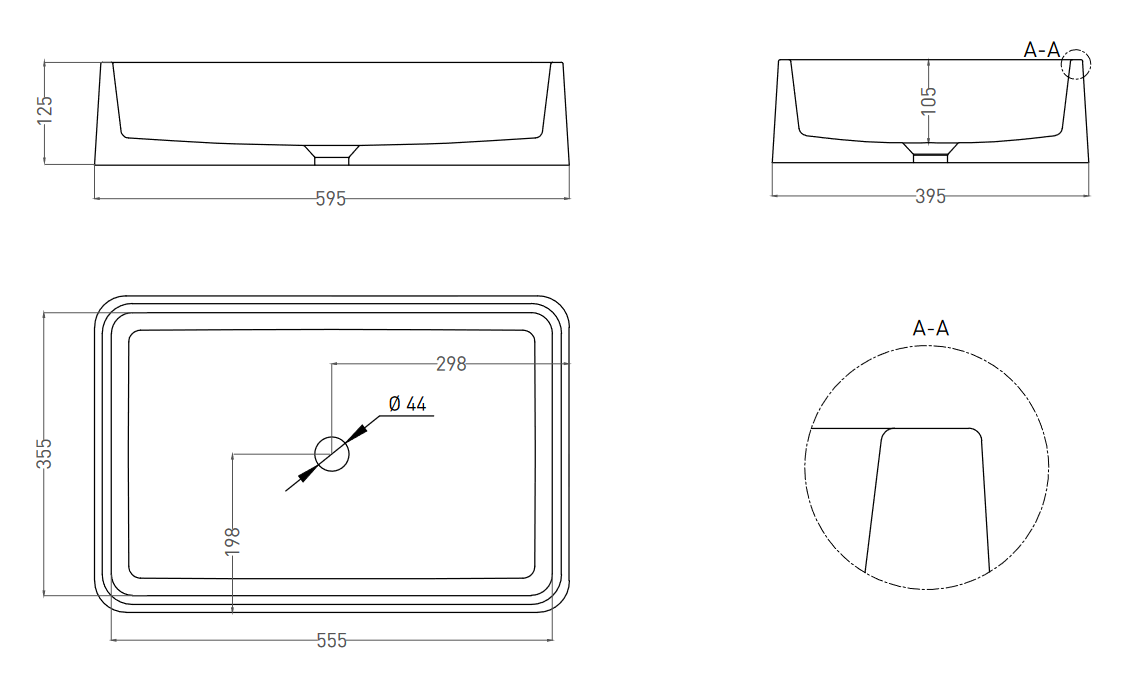 Раковина накладная прямоугольная SALINI GLORIA 07 1102207M 595х395х125мм, S-Stone, без донного клапана, цвет Белый матовый
