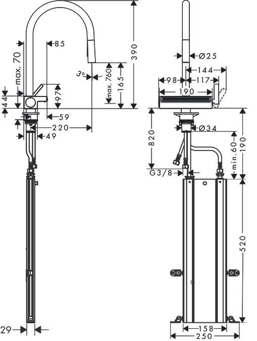 Кухонный смеситель однорычажный  с вытяжным душем Hansgrohe Aquno Select М81 73831800 под сталь