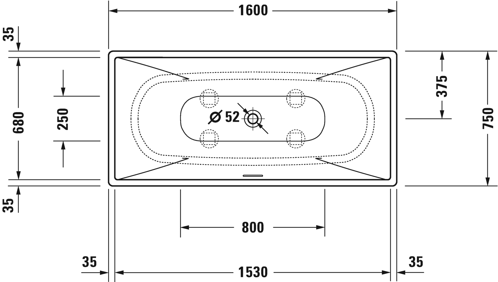 Отдельно стоящая ванна Duravit DuraSquare 700460000000000 1600 мм х 750 мм, с двумя наклонами для спины, с бесшовной панелью и ножками, белая матовая