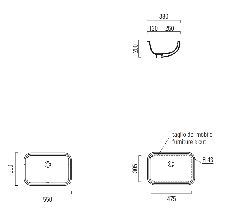 УЦЕНКА. Раковина встраиваемая снизу GSI PURA  724311_УЦ/5   550 мм х 380 мм, без отверстия для смесителя, с переливом, белый глянцевый / Дефект:  в чаше "укол" в глазури 