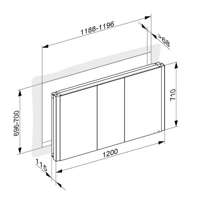 Зеркальный шкаф с подсветкой для встраиваемого монтажа KEUCO Somaris 14514 003100 115 мм х 1200 мм х 710 мм, с 3 поворотными дверцами, цвет корпуса Зеркальный