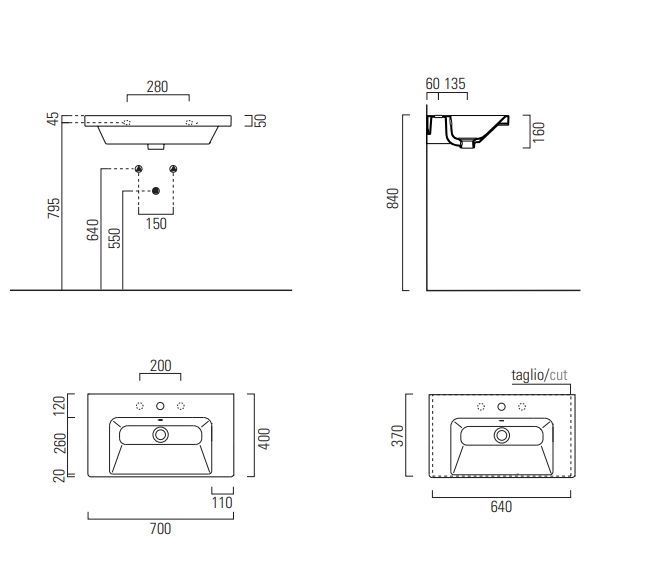 Раковина подвесная/встраиваемая GSI NORM 8637111 700 мм х 400 мм, с 1 отверстием под смеситель, с переливом, белая глянцевая